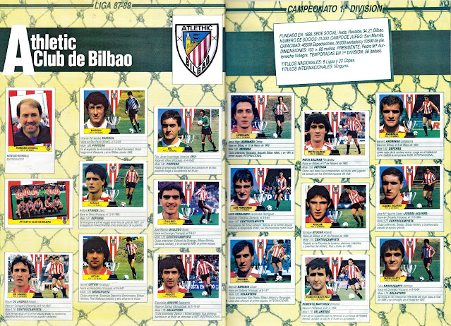 ATHLETIC CLUB DE BILBAO. Temporada 1987-88. Escudo. Howard Kendall (entrenador), Biurrun, Iru, Liceranzu, Patxi Salinas, Andrinua. Equipo, Ayarza, Gallego, Luis Fernando, Ayucar, Joseba Aguirre. De Andrés. Urtubi, Argote, Sarabia, Roberto Martínez, Sarriugarte. Álbum de cromos LIGA 87-88, Colecciones Este.