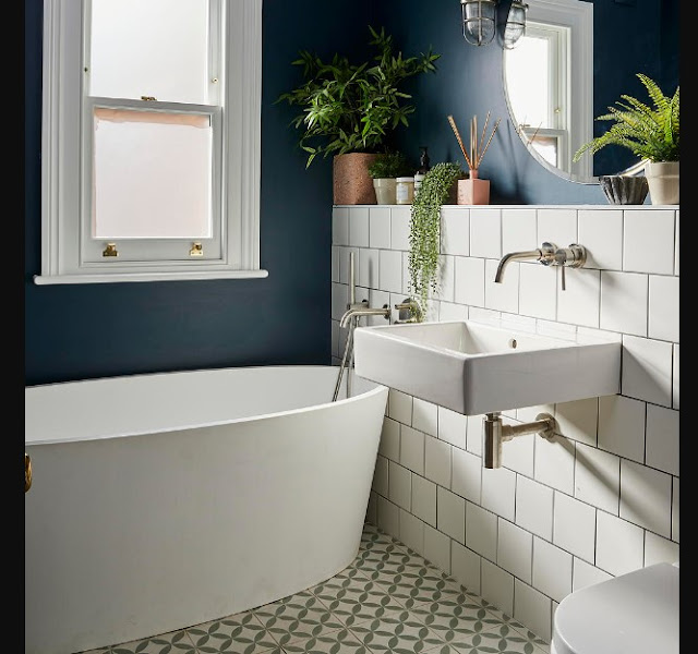 Bathroom Blue Wall Tile Designs Ideas with white ceramic tile ideas on the floor and blue combination white small ceramic mounted on the wall bathroom also white porcelain bathtub above