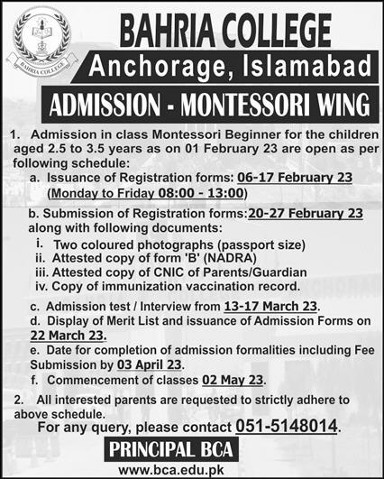 Bahria College Anchorage Islamabad Admission Montessori 2023