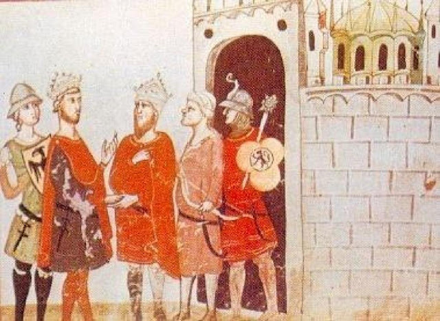 "Nuova Cronica" (14th century) depicting Frederick II's (left) and Al-Kamil's (right) meeting | Sixth Crusade | The Crusades to the Holy Land