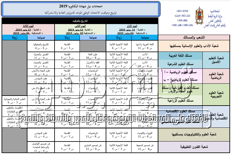 امتحانات الباكالوريا 2019 : تواريخ ومواقيت الامتحان الوطني لجميع الشعب والمسالك