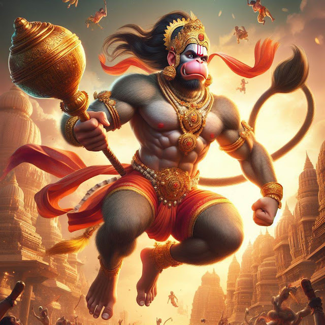 Lord Hanuman with a big mace and a macho body in mid-air