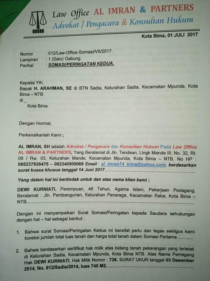 Contoh Surat Somasi Penyerobotan Tanah