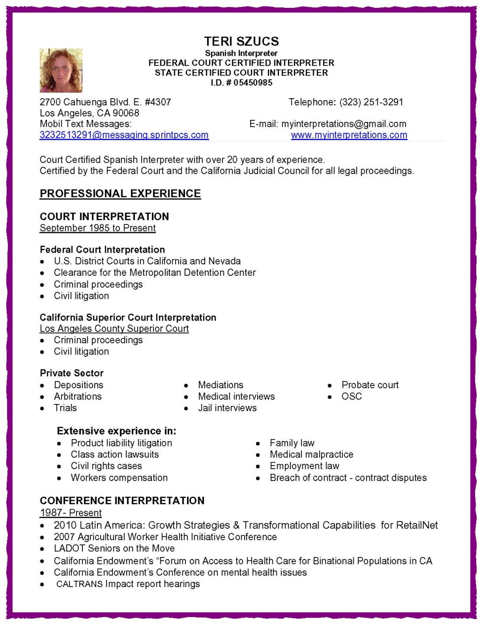 Court Certified Interpreter Resume