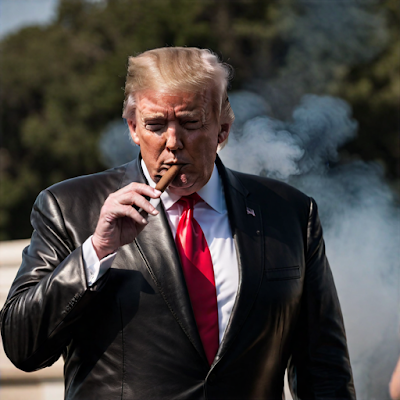 Trump with smoke behind him wearing a black leather blazer and smoking a cigar
