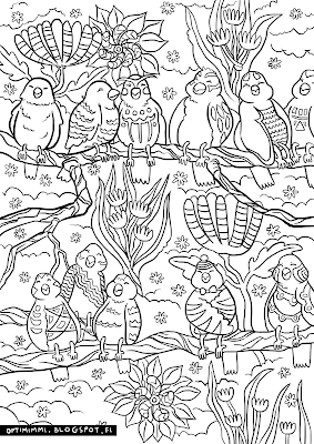 A coloring page of birds and flowers / Värityskuva linnuista ja kukista