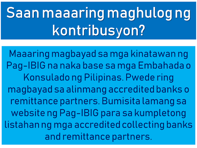 The Home Development Mutual Fund is also known as the Pag-IBIG Fund is one of the many programs of the Philippine government to provide its citizens the capability of purchasing their own house and lot.  Republic Act 9679's Declaration of Policy states:  "It is the policy of the State to establish, develop, promote, and integrate a nationwide sound and viable tax-exempt mutual provident savings system suitable to the needs of the employed and other earning groups, and to motivate them to better plan and provide for their housing."  Today, many Filipinos, including overseas Filipino workers (OFW) and their families benefit from this program. They can get a housing loan and savings through the new Pag-IBIG program which earns a dividend after a specified period of time.  This article will help you know more about the Pag-IBIG Fund for OFWs and how it works.  Advertisement        Sponsored Links         What is Republic Act 9679 or Home Development Mutual Fund (known as Pag-IBIG Fund) Law of 2009?  RA 9679 is the law aimed at strengthening the ability of Pag-IBIG to achieve the following objectives: • Improve the livelihood of Filipinos by providing adequate housing; • Provide a national savings system; • Mobilize funds for the housing program       How is RA 9679 different from previous laws of Pag-IBIG?  First, RA 9679 sets out universal coverage. That is, the membership range is expanded, with the following: • employees and workers of SSS and GSIS • Overseas Filipino Workers, including Clerks / Seafarers • The uniformed staff of the Philippine Armed Forces, the Bureau of Fire Protection, the Bureau of Jail Management and Penology and the Philippine National Police  Secondly, Pag-IBIG's tax exempt returns where the agency can save three billion a year. Now, this amount can be allocated for housing and for a high dividend for members.   Thirdly, the Board of Trustees of the Pag-IBIG has the power to raise the monthly contribution of the member. This means greater savings for members and higher loan entitlements. There may also be a higher proportion of the members to be given because of this. Since 1986, Pag-IBIG has never raised the contribution rate, while several other government agencies have raised their contributions.  Currently, a member contribution rate of Pag-IBIG is 2% based on a monthly income of P5,000. The members' contribution rate will stay at P100 even if he earns P5,000 or P50,000.   By raising the contribution rate, monthly contributions will be higher, while for members belonging to the lower income bracket, their contribution remains at P100.      When was the law effective? RA 9679 was effective on August 27, 2009.  When did the law begin to be implemented? The law was implemented in January 2010.  Are all OFWs covered by the mandatory coverage of RA9679? Yes. According to RA 9679 and its Implementing Rules and Regulations, PAG-IBIG must register all OFWs, whether land-based or sea-based (seafarer or working within the ship).   A seafarer is enrolled as a member after signing a contract with his agency or manning agency that stands as an employer, as well as a foreign owner of the ship. As an employer, the agency will contribute an appropriate proportion of two percent contribution, based on the monthly marine income.   Meanwhile, land-based OFWs must be registered before they leave the Philippines or before returning to work. Those who are currently abroad may also register at any Pag-IBIG Posts.   Why are OFWs included with mandatory membership coverage? All Filipino workers, whether in the Philippines or abroad, should have an equal opportunity to all the benefits of the Pag-IBIG program. The membership of OFWs has been mandated to give them the opportunity to save and reach their dream of owning a home.   How to register OFWs under mandatory coverage? OFWs can register with the following: • Pag-IBIG desks located at the Embassy or Philippine Consulate outside the country • Pag-IBIG Fund International Operations Group, 6th Floor, Justine Bldg., Gil Puyat Avenue, Makati City • Any branch or office of Pag-IBIG in the Philippines • Pag-IBIG satellite office of the Philippine Overseas Employment Agency (POEA) • Preferred banks and remittance agencies recognized by Pag-IBIG such as PNB, Metrobank, and iRemit Global Remittances Inc.   How is the registration process for former Pag-IBIG members under the Pag-IBIG Overseas Program (POP)?  The OFW can visit the Pag-IBIG Information Desk located at the Embassy or Philippine Consulate to fill out the Member's Data Form (MDF-FPF0909) or Membership Registration Form (MRF-FPF095). If he is in the Philippines, he can go to the nearest office.   It is also necessary to update their record, especially if there are changes to their personal information.   MDF and MRF  can be downloaded at the Pag-IBIG website.         If an old member would register as an OFW, what would happen to his / her contribution? Pag-IBIG combines all his contributions, previous and current. Portable or remain in the name of the member,  Even if he/she transferred from one company to another, his/her account will remain in his name. Pag-IBIG ensures that the members' savings are safe.     What are the benefits of a Pag-IBIG member ?  A. The Benefits of Savings • No tax will be imposed on members' savings • Earned dividend annual contribution to member savings • The savings remain in the name of the member even if he moves to another company, loses work, or becomes self-employed • The government guarantees the savings, to pay and refund the member's contribution should anything happened to Pag-IBIG.   B. Short-Term Loans (Multi Purpose and Calamity Loans) Loans for an emergency needs like tuition, minor home repair, business capital and so on.   The following is an example of how much you can borrow under the Multi-Purpose Loan (MPL) Program.   C. Housing Loan (Housing Loan)  The housing loan can be used for any of the following: • land purchase; • buying a home; • building or housekeeping; • home improvement or repair; • when refinancing a loan from a bank acceptable to the Pag-IBIG Fund; and • combination of abovementioned conditions.    How much is the contribution rate? *Please refer to the chart above Monthly income of five thousand pesos (P5,000)  is used for computation of contributions. It means that the highest premium of the member and his employer is at P100. However, a member can increase his or her monthly rate for a higher saving. If a member has no employer, he/she can pay for the employer counterpart.   Should a foreign employer also provide a contribution? A foreign employer is not required to provide any part of the contribution unless he/she wishes to.  Can the member give more contribution? Yes. The member is encouraged to contribute more than what has been set forth by law. It is better for a member to save more money because he/she will be able to earn more after 20 years or until his / her membership matures, including tax-free dividends and guaranteed by the government.   Where can a contribution be paid? Payments may be made to Representatives of Pag-IBIG based on Embassy or Philippine Consulate. You can also pay any accredited banks or remittance partners. Just visit the Pag-IBIG website for a complete list of accredited collecting banks and remittance partners.    If a member starts contributing before leaving the Philippines, can he continue his contribution abroad? Yes, if the member already has the Pag-IBIG MID or membership ID number, they can use it to pay their contributions. If not, you must register with Pag-IBIG to provide Registration Tracking No. (RTN) or MID number, whichever is available.     Does the Pag-IBIG ID still need to register or pay? What if I did not have an ID to register? Currently, Pag-IBIG has not yet issued an ID. In the meantime, the RTN member will first register after registering. This is the number he will use whenever he/she pay a contribution or applies for a benefit. The member will be given a MID number to be used when paying their contribution.   When can a registered member claim their savings under Pag-IBIG I? The member may claim his / her total accumulated value (TAV) after 20 years and after completion of 240 monthly contributions.  TAV can be also collected before 20 years in any of the following circumstances: • 15-year optional withdrawal (member must have 180 monthly unpaid premium and he / she has no debt. Membership must continue after deduction.) • reaching the age of 60; • mandatory retirement at age 65 • total disability/insanity; • leaving work due to illness or illness; • permanently removing the Philippines; and • death.       What will the member get when his / her membership is over? He will get his total allowance consisting of his monthly premium, the equivalent contribution of his employer (if any), and his earned income.  If the member dies, what will happen to his savings? His beneficiaries will receive all his savings minus the remaining cost of their obligations to Pag-IBIG. His beneficiaries will also receive an additional death benefit. Why is the duration of  OFW membership being extended? Under universal coverage, Pag-IBIG membership rules, whether local or overseas employees, are the same. Therefore, the membership term of all OFWs is 20 years. Unlike previously they can choose between 5, 10 or 15 years of membership term as a voluntary member.   What is the Modified Pag-IBIG II Program? The MP2 program is a voluntary program that offers higher dividends in a shorter period.   Under the program, a member will fall at least P500 per month for five years. The higher the grant will be given under the program compared to the dividend of the regular membership program or Pag-IBIG I.   READ MORE:    Find Out Which Is The Best Broadband Connection In The Philippines    Modern Immigration Electronic Gates Now At NAIA    ASEAN Promotes People Mobility Across The Region    You Too Can Earn As Much As P131K From SSS Flexi Fund Investment    Survey: 8 Out of 10 OFWS Are Not Saving Their Money For Retirement    Dubai OFW Lost His Dreams To A Scammer    Support And Protection Of The OFWs, Still PRRD's Priority