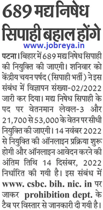 Bihar Police Prohibition Constable Vacancy 2022 Apply Online for 689 posts notification latest news update in hindi