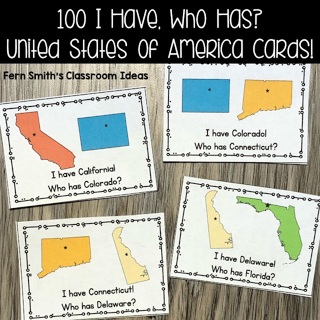 This set of I Have, Who Has? United States of America has 100 cards total! This resource has 50 Cards with Colorful States Clip Art in Alphabetical Order, 50 Cards with Colorful States Clip Art in Mixed Order, 2 Sets of Teacher Answer Keys and 1 Teacher Direction Sheet! One-Hundred I Have, Who Has? United States of America Task Cards, Teacher Directions and a Teacher Answer Key by Fern Smith's Classroom Ideas Available for You and Your Students at TeachersPayTeachers.