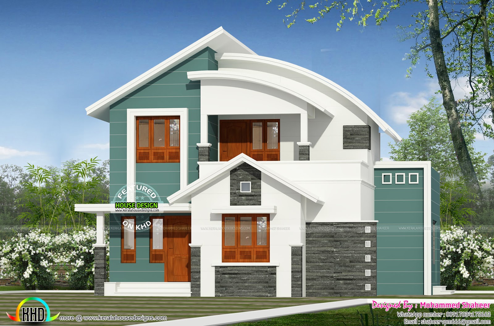 Modern curved roof mix home | Kerala home design | Bloglovin' - House Square Feet Details Ground floor : 1300 Sq. Ft. First floor : 600 Sq.  Ft. Total Area : 1900 Sq. Ft. No. of bedrooms : 4. Attached bathrooms : 2