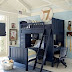 Blue And Orange Boy's Room With White And Blue Horizontal Striped