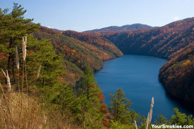 mountains of the Great Smoky Mountains national park aflame in reds oranges