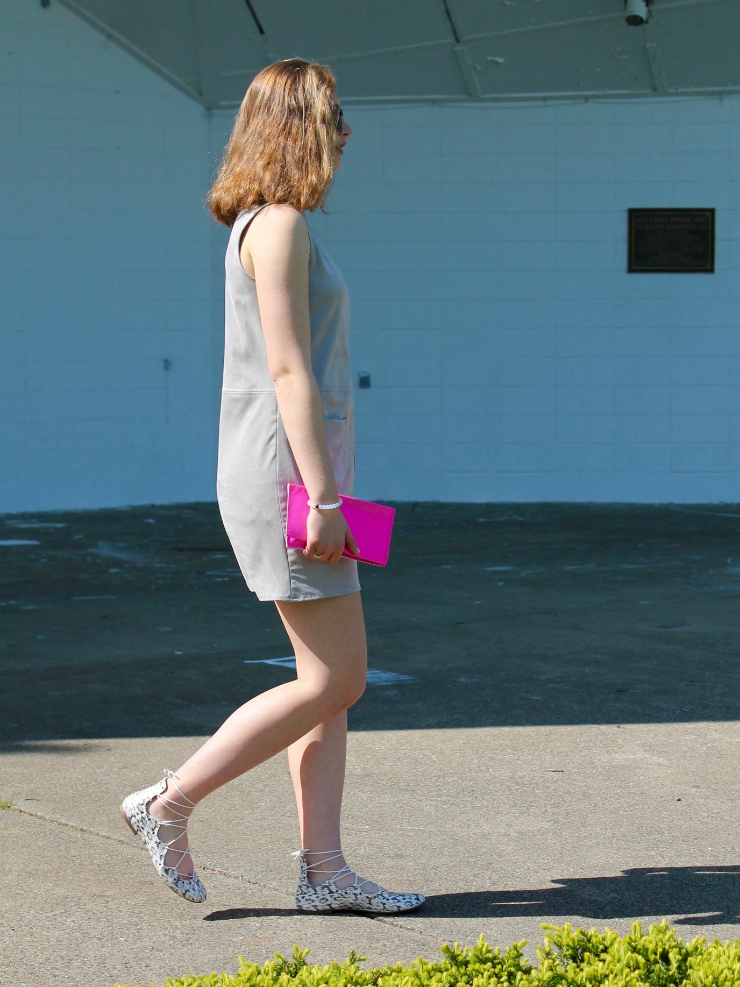 grey shift suede dress, lace up snake skin ballet flats for a chic summer outfit