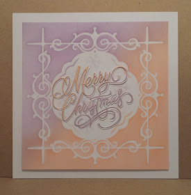 Stencilled Christmas card, purple and orange with Merry Christmas sentiment