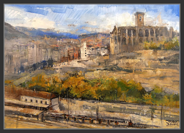 MANRESA-PANORAMICA-ART-PINTURA-PAISATGES-ESTACIO-FERROCARRIL-LA SEU-REFORMA-TORRER-SANTA CATERINA-ARTISTA-PINTOR-ERNEST DESCALS