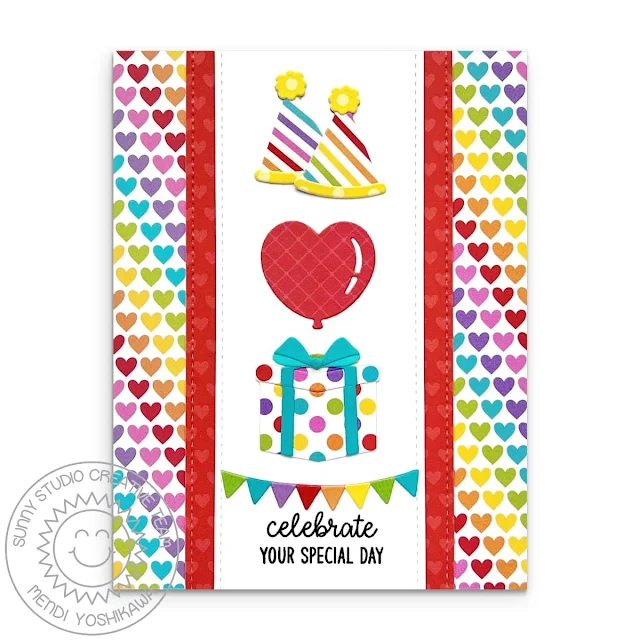 Sunny Studio Blog: Rainbow Gift Box & Balloon Birthday Card using party hat & banner from Treat Bag Topper Metal Cutting Dies