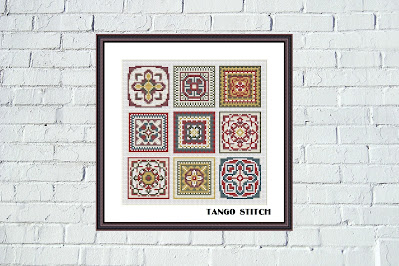 Granny squares ornaments sampler cross stitch pattern - Tango Stitch