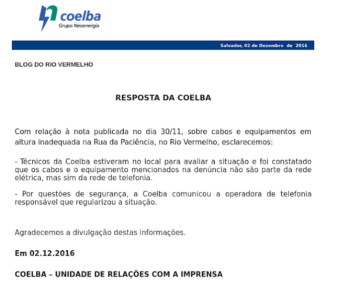 Resposta da Coelba para a rua da Paciência