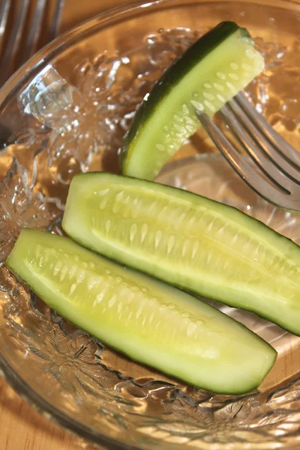 Close-up of finished refrigerator dill pickles.