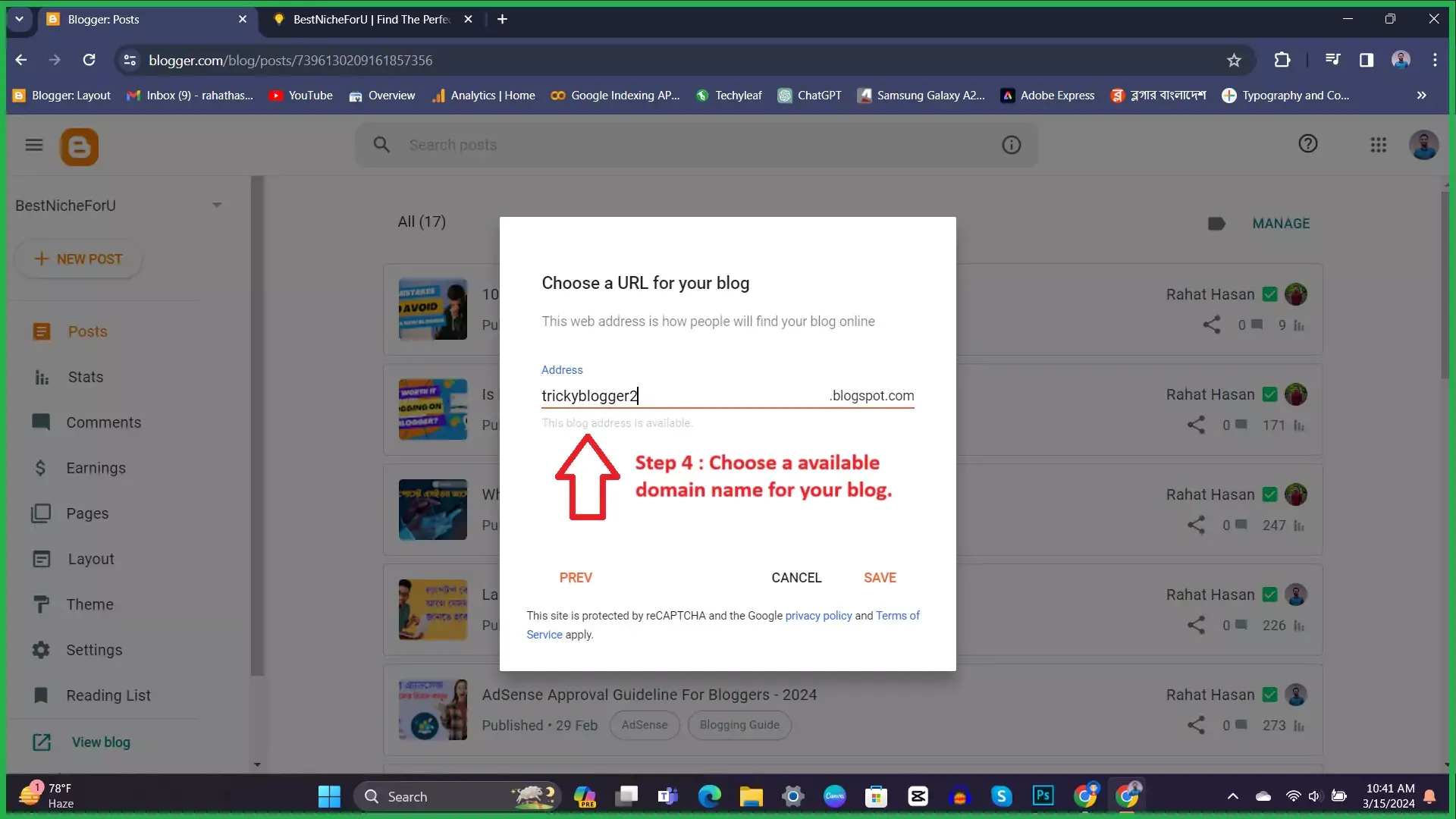 screenshot of choosing a domain name for free blog