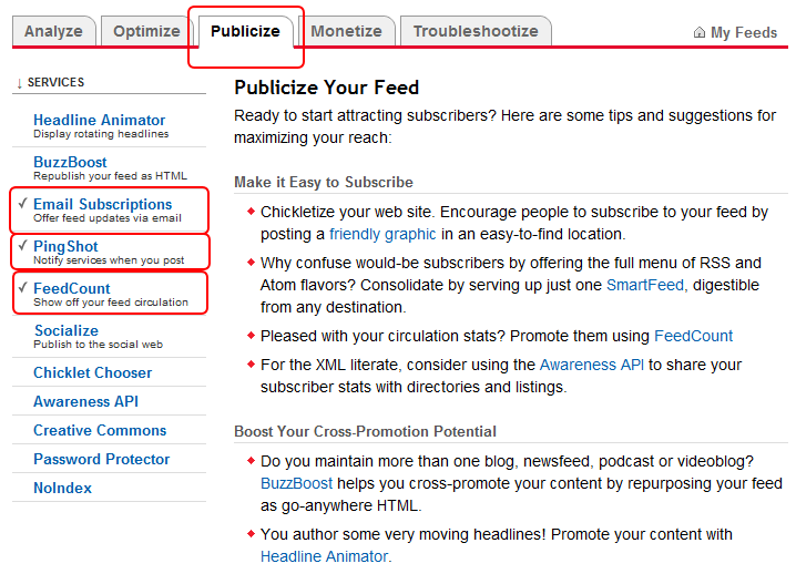 feedburner publicize ayarları