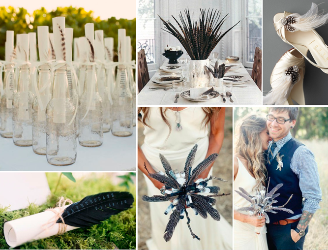 Feather topped bottles via Style Me Pretty feather centerpiece via Briton 