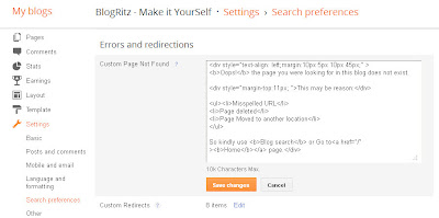 Custom 404 page settings in Blogger