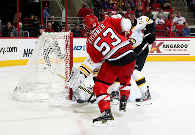 Hurricanes Jeff Skinner shoots on Bruins Tuukka Rask