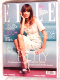 pale blue magazine with white letters ELLE at top and Alexa Chung on cover