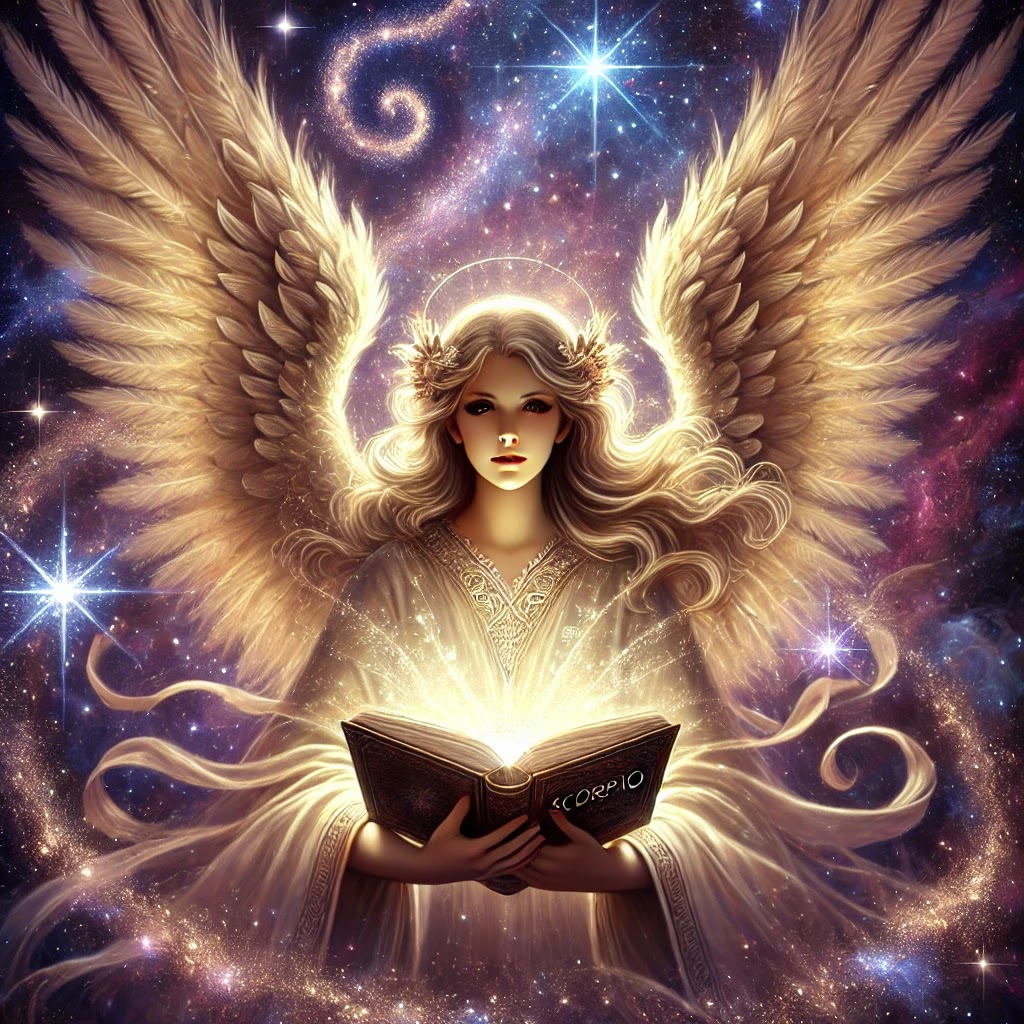 A wise angel holding a glowing book of knowledge, reminding Scorpio to trust their inner wisdom and instincts.