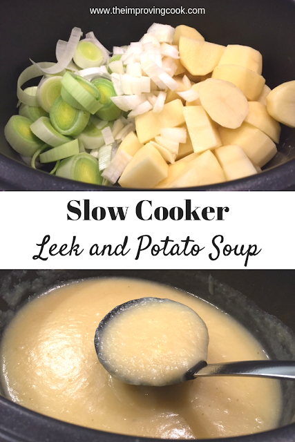 2 images of slow cooker leek and potato soup- raw ingredients and finished soup