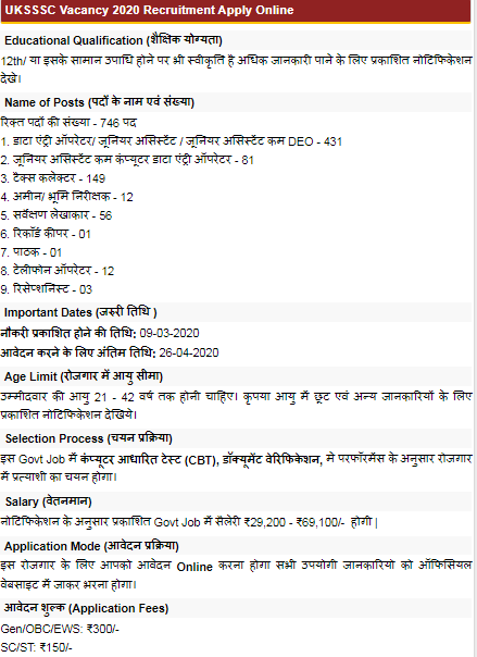 UKSSSC Telephone Operator Recruitment 2020