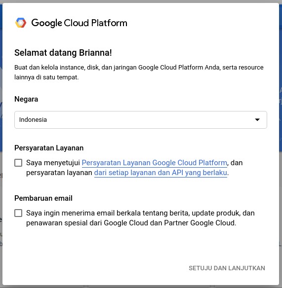 Popup Get Started Google Cloud Console