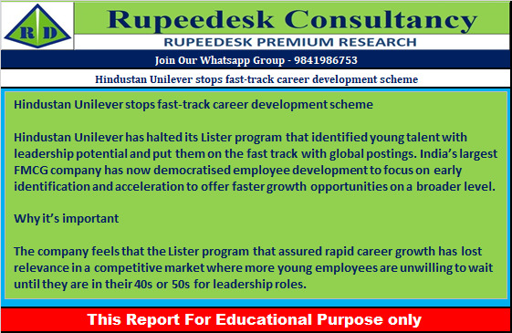 Hindustan Unilever stops fast-track career development scheme - Rupeedesk Reports - 16.11.2022