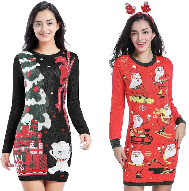 4. V28 Ugly Cowl Neck Cute Reindeer Xmas Sweater Dress