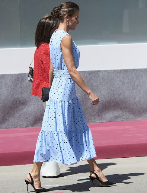 Queen Letizia wore a new blue polka-dot sleeveless midi dress by & Me Unlimited. And Me Unlimited Gabriela Dress