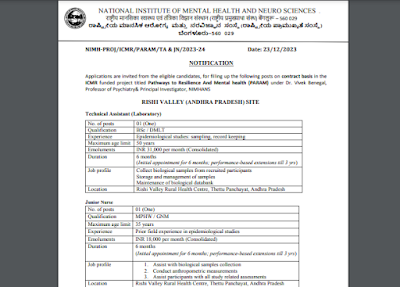 NIMHANS Nursing and other Job Opportunities january 2024