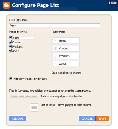 Pages gadget configuration