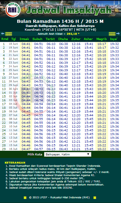 Jadwal Imsakiyah Ramadhan Balikpapan 1436 Hijriyah 2015