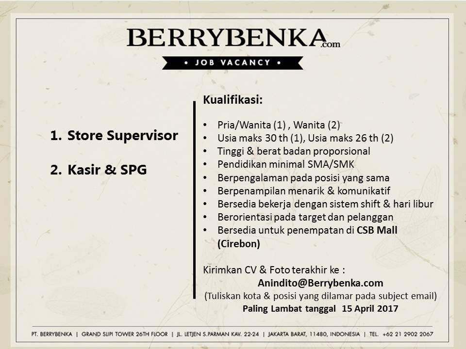 Lowongan Kerja PT. Berrybenka di CSB Mall Cirebon  Bursa 