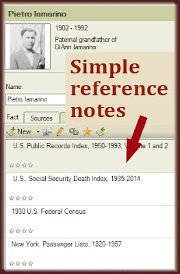 Simple reference notes keep the family tree software uncluttered.