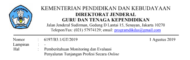 Surat Edaran Pemberitahuan Monitoring dan Evaluasi Penyaluran Tunjangan Profesi secara Online