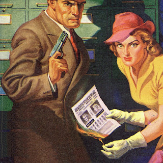 Painting of a man and woman standing in front of tall row of green filing cabinets, both facing the viewer of the image as if discovered in a crime. The frowning man on the left holds a pistol and wears a light brown suit and red tie. The red-haired woman is bending over slightly as she sets a match to a paper labeled "police record" with her photo on it. She wears a pink hat with red band, yellow blouse and white gloves.