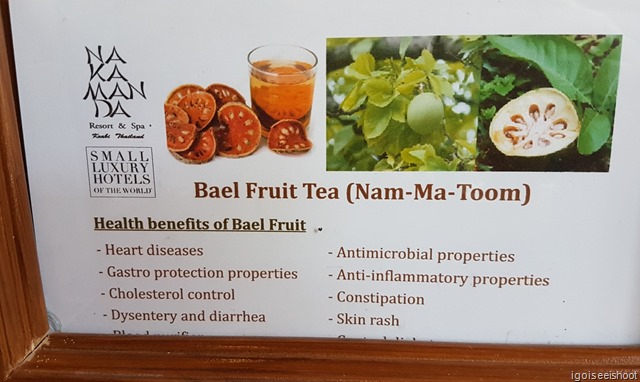 At the Naga Spa in Nakamanda Resort, the treatment included a refreshing cold welcome drink (Bael Fruit Tea).