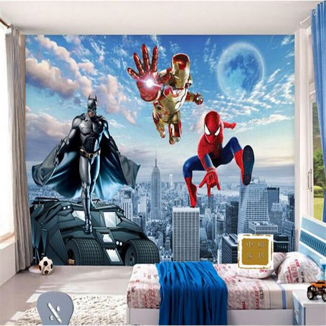 Superhero wall murals 3d wallpaper bedroom mural childrens room 3D comics Photo Wallpaper Kids Boys batman spiderman ironman