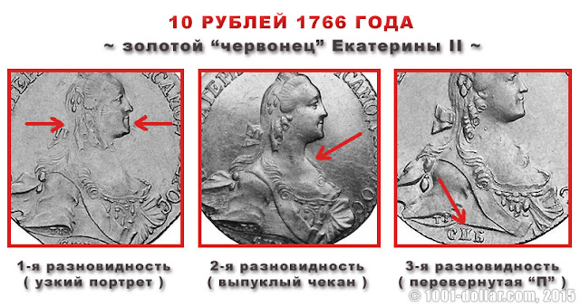 Разновидности 10 рублей 1766 года