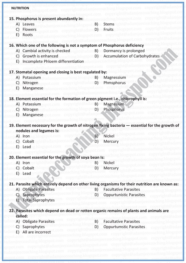 Biology Mcqs XI - Nutrition