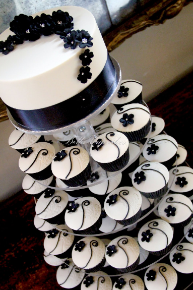 black and ivory flowery wedding cupcake