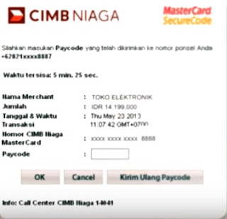 Gambar contoh permintaan kode 3d secure; transaksi online debit cimb niaga 