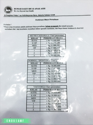 Biaya persalinan 2016 di RSIA Asih Jakarta